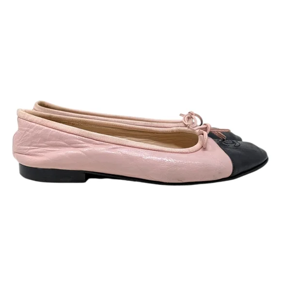Vintage Chanel Ballet Flats Pink Black Cap Toe Bow Interlocking CC Logo 37.5 | 7 - Picture 5 of 12